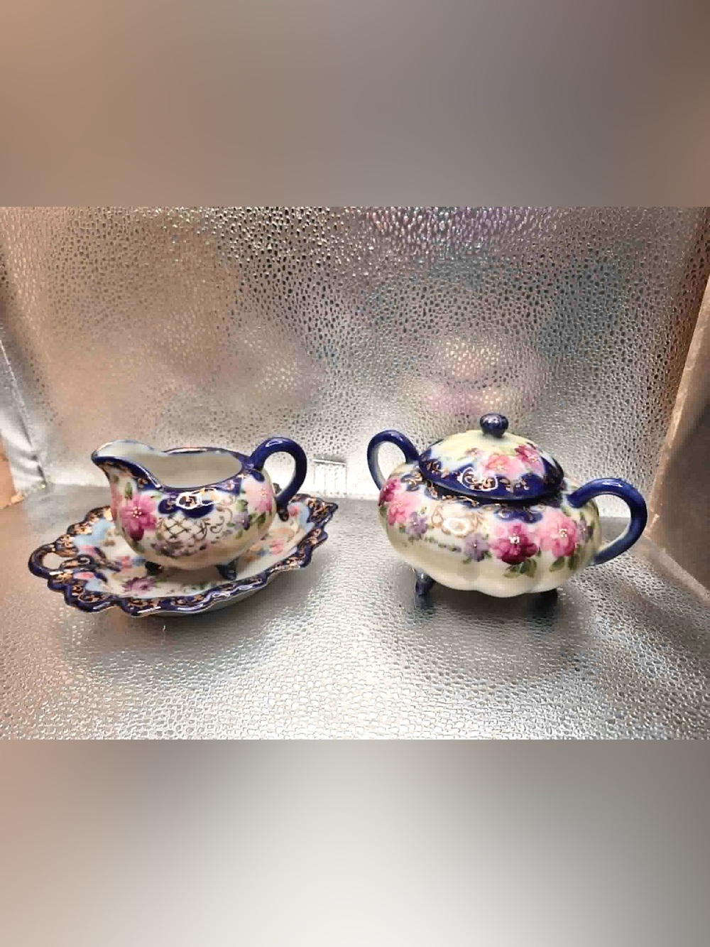 Antique Victorian Porcelain Sugar, Creamer Bonbon Tray Floral Cobalt Blue & Gold